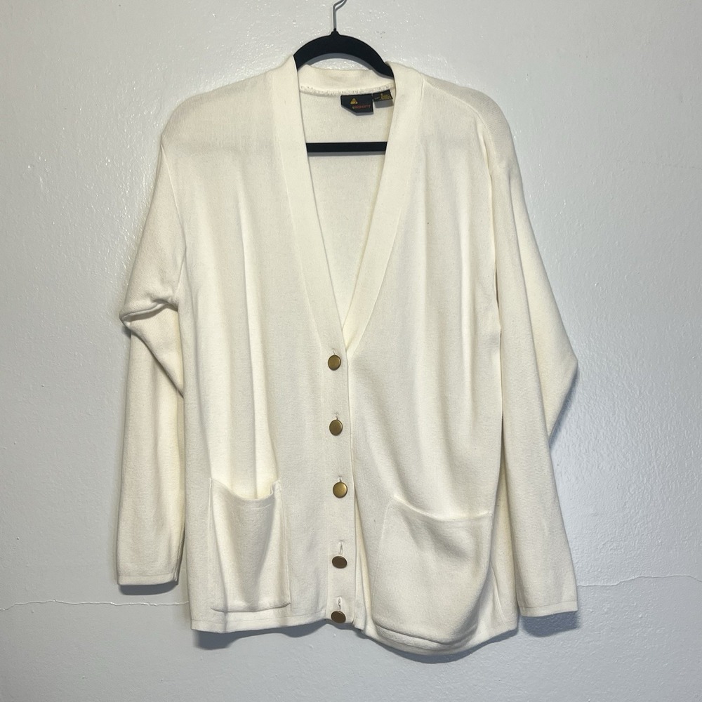 Vtg Liz Sport Knit Cardigan Sweater Deep‎ V-Neck Gold Buttons pockets Oversize S